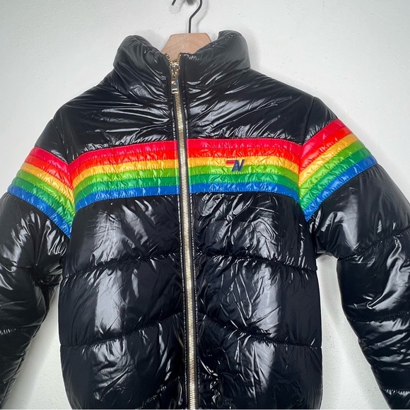 Aviator Nation 6 Stripe Lux Apres Puffer Jacket, Glossy Black, size S NWT - Picture 6 of 6